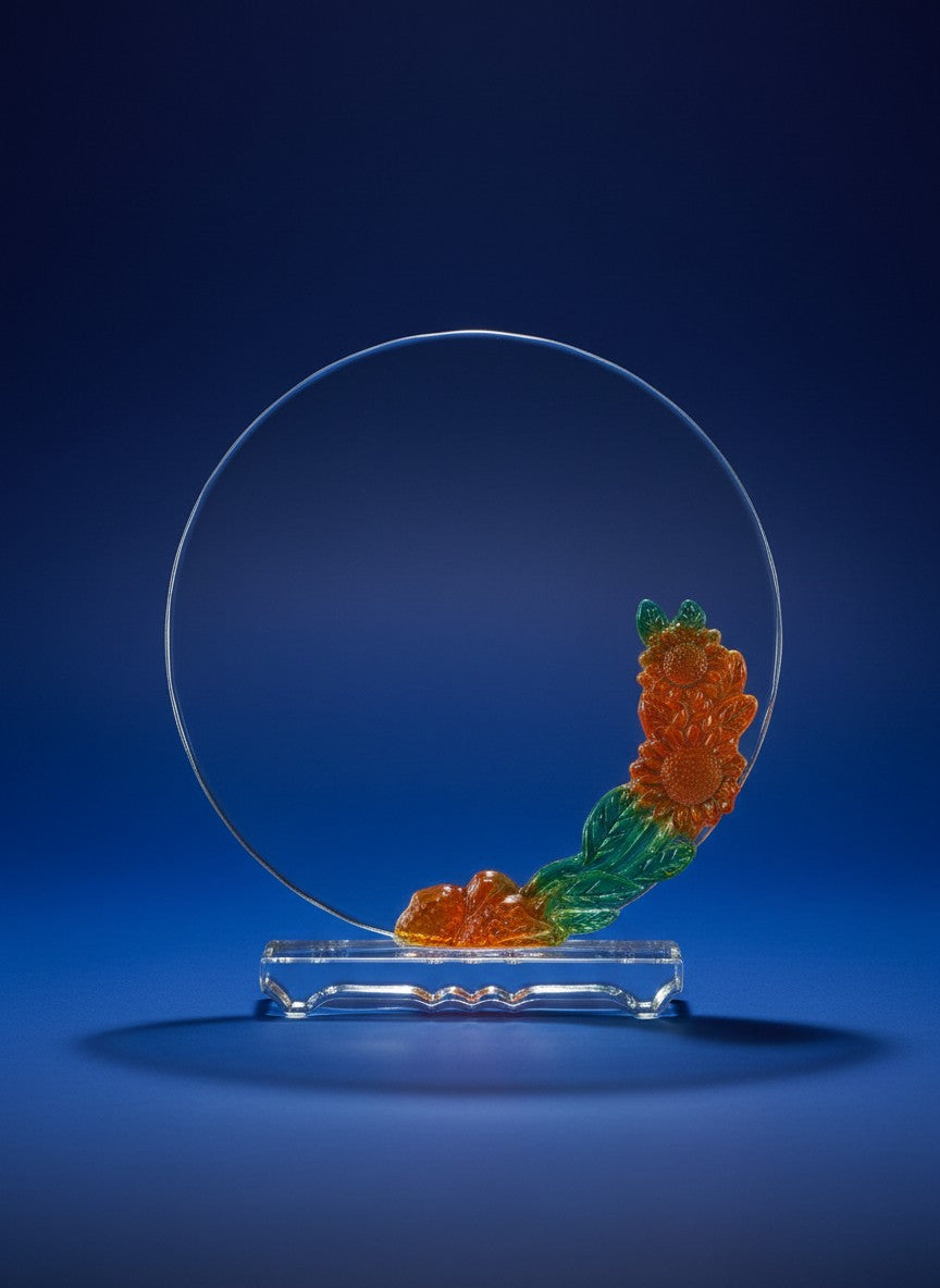Decorative piece with orange and green elements on a clear stand against a blue background
