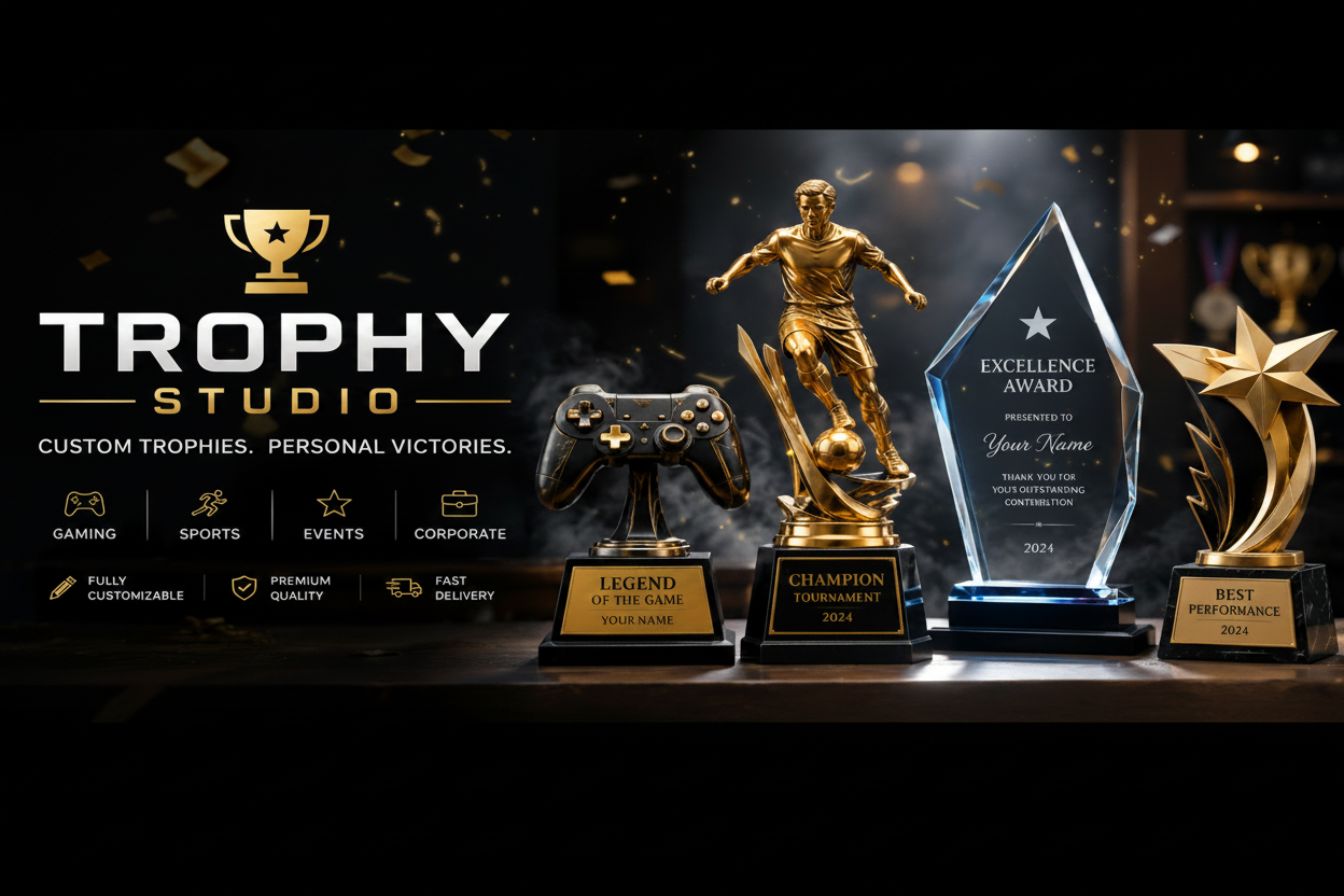 Collection of trophies with 'Trophy Studio' branding on a dark background