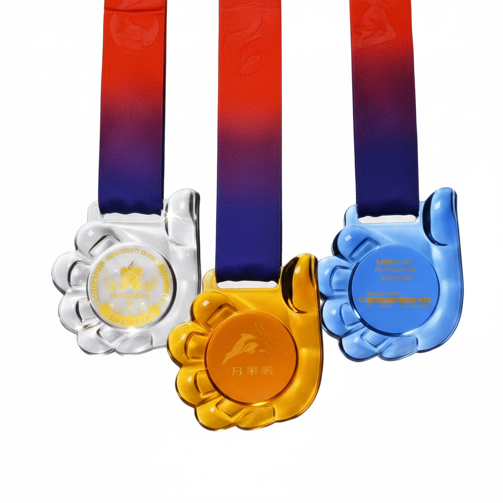 Three colorful medals with ribbons on a white background